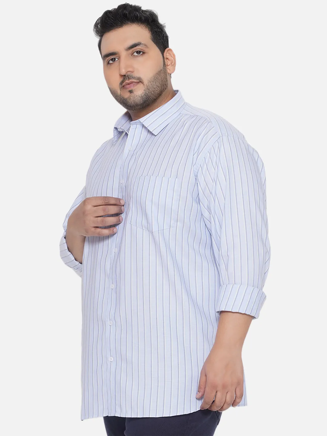 Santonio - Plus Size Men's Regular Fit Egyptian Cotton Sky Blue Striped Full Sleeve Formal Shirt