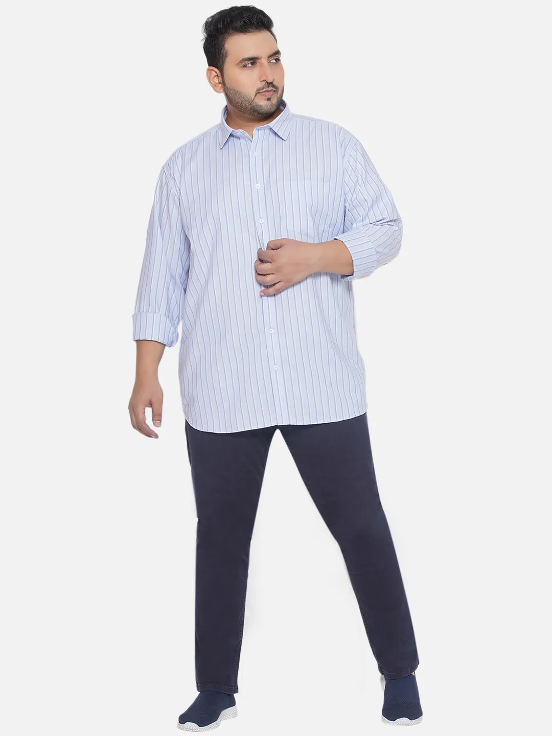 Santonio - Plus Size Men's Regular Fit Egyptian Cotton Sky Blue Striped Full Sleeve Formal Shirt