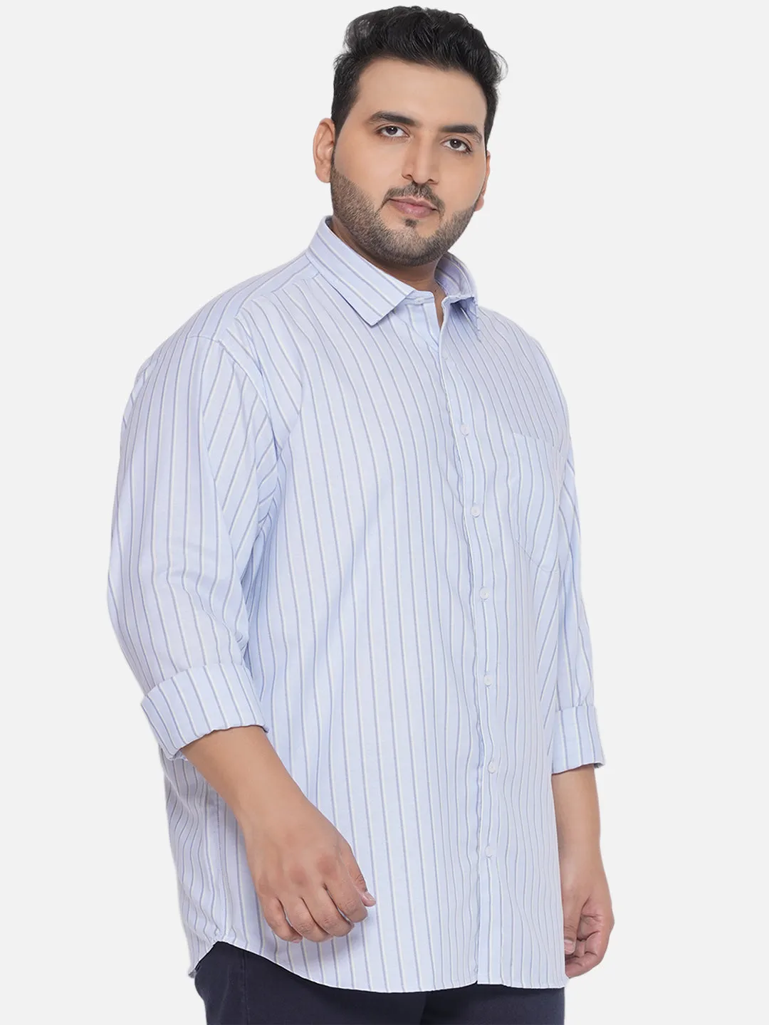 Santonio - Plus Size Men's Regular Fit Egyptian Cotton Sky Blue Striped Full Sleeve Formal Shirt